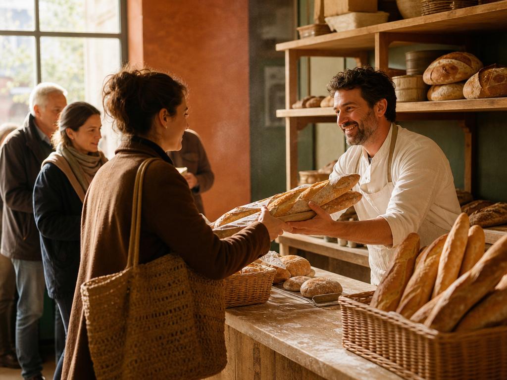 Boulanger remettant des baguettes à une cliente dans une boulangerie