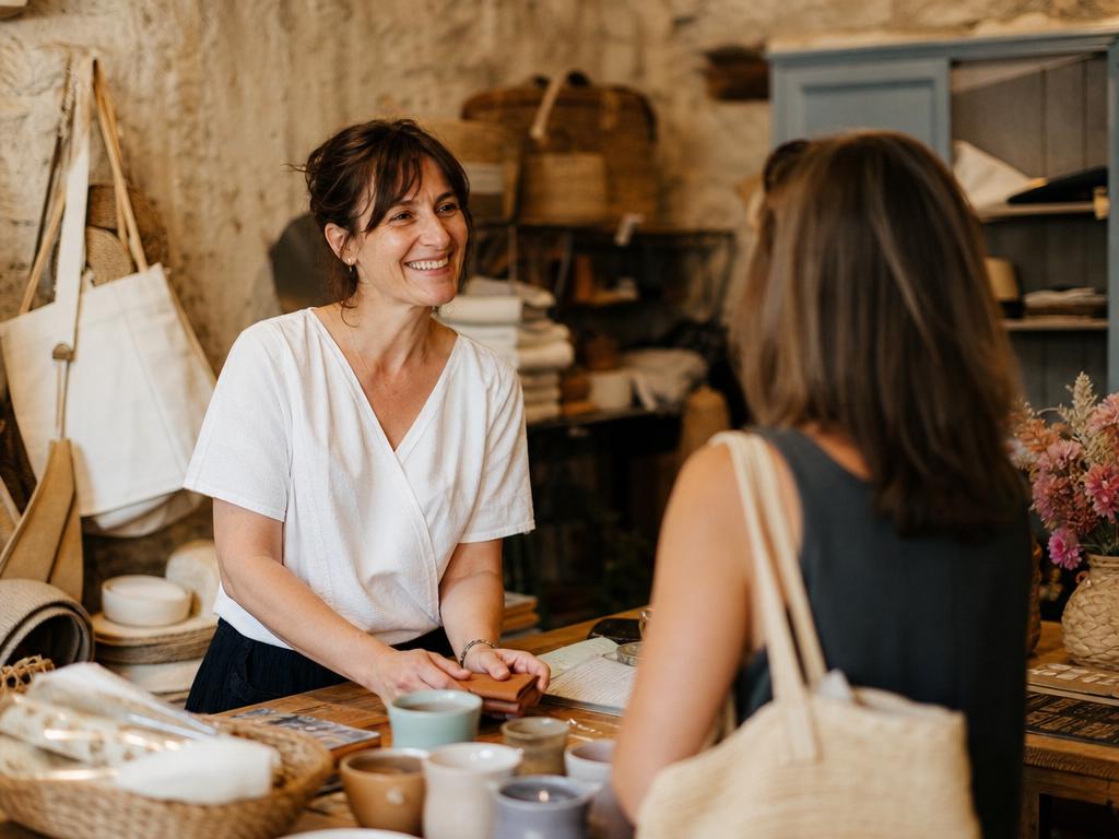 Commerçant accueillant une cliente dans sa boutique